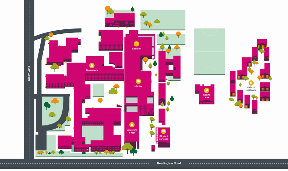 A stylised map of Headington campus with pink buildings with the roads Gipsy Lane and Headington Road